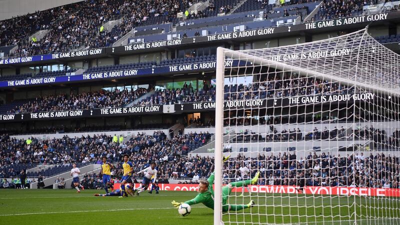 J’Neil Bennett of Tottenham Under-18s scores the first goal, at the new Tottenham Hotspur Stadium in the game against Southampton. Photograph:  Laurence Griffiths/Getty Images