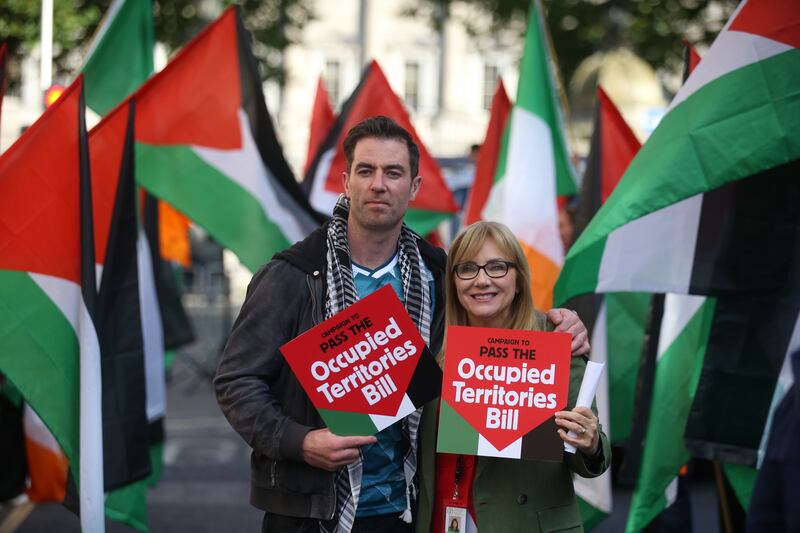 Former footballer Michael Darragh McAuley and Senator Frances Black at a rally for the Occupied Territories Bill. Photograph: Collins