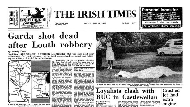 The front page of The Irish times reporting the murder.