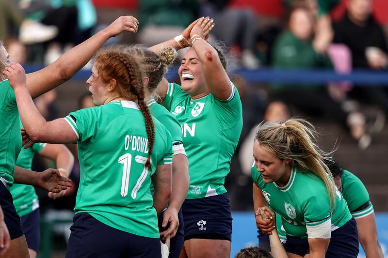 Fiona Tuite celebrates after the final whistle in Ireland's 36-5 win over Wales at Musgrave Park in the 2024 Women's Six Nations. Photograph: Ben Brady/Inpho