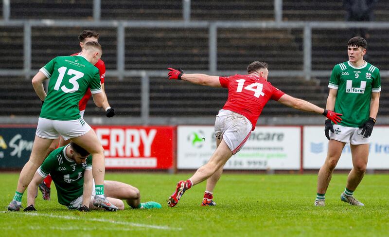Magherafelt's Shane Heavron celebrates scoring  a goal at Celtic Park. Photograph: Lorcan Doherty/Inpho