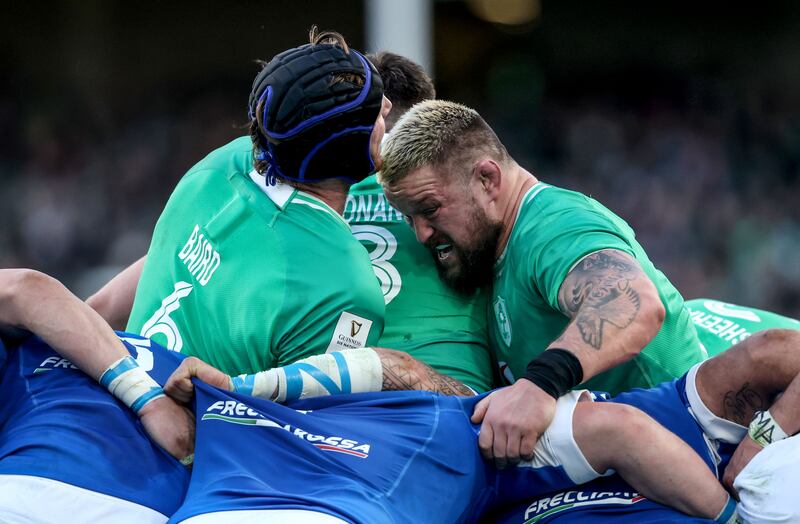 Ryan Baird and Andrew Porter in a maul during Ireland's win over Italy. Photograph: Dan Sheridan/Inpho