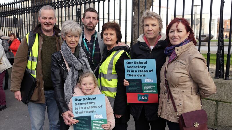 Eileen Barry, second from left, from Wexford, with her granddaughter Mia, and members of the Fórsa school secretaries branch outside the department of education. Photograph: Damien Eagers/The Irish Times