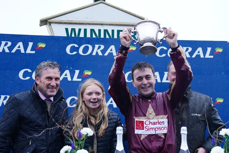 David Prichard celebrates with connections after winning the Coral Welsh Grand National Handicap Chase on The Two Amigos. Photograph: David Davies/PA