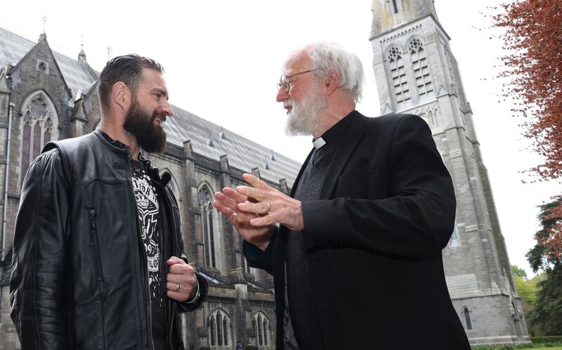 Gaven Kerr with former archbishop of Canterbury Dr Rowan Williams at St Patrick's Pontifical University, Maynooth (SPPU). Photograph: SPPU