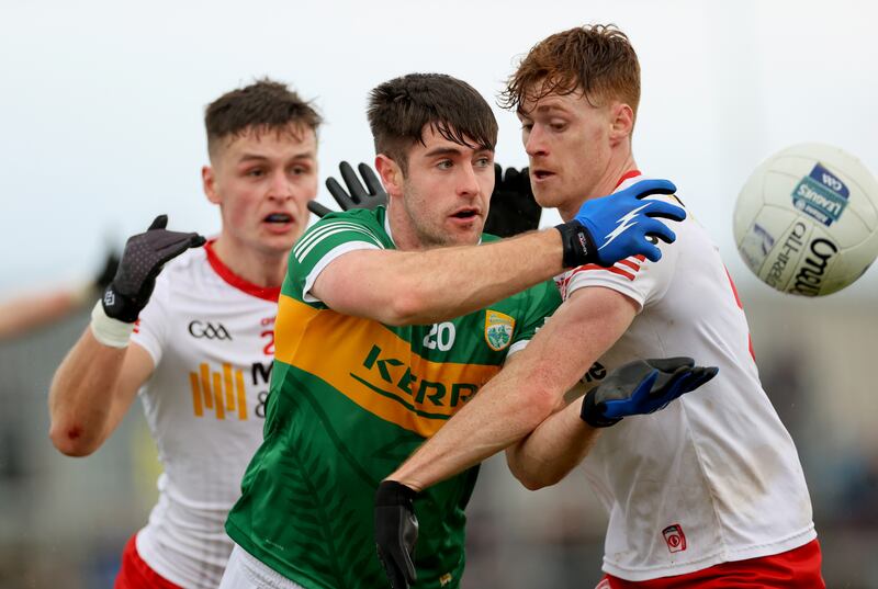 Tyrone’s Michael McKernan and Conor Meyler tackle Donal O'Sullivan of Kerry. File photograph: James Crombie/Inpho