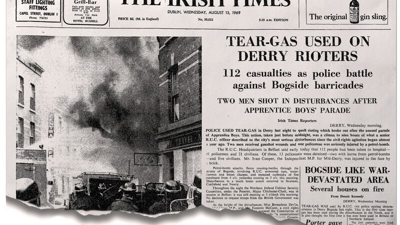 The front page of The Irish Times  of August 13th, 1969, reporting on the previous day’s events