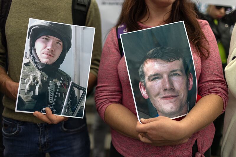 Relatives of the Ukrainian prisoners of war hold their photographs at a rally in Kyiv calling for their release from Russian captivity on October 1st last. Photograph: Roman Pilipey