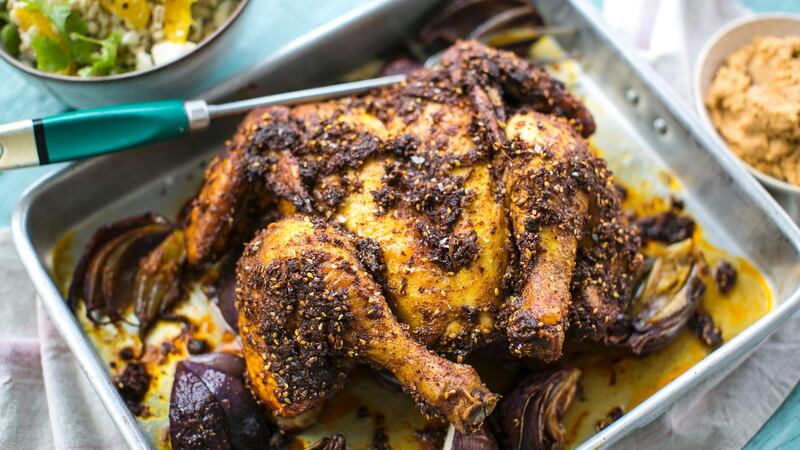 Turmeric and ginger spatchcocked chicken:  spatchcocking (splitting the chicken down the middle and flattening it) results in tender meat that cooks much more quickly.