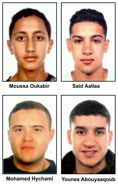 (L-R, up down) Moussa Oukabir, the suspected driver, as well as Said Aallaa, Mohamed Hychami and Younes Abauyaaqoub, who are suspects wanted in connection with the terrorist attacks in the Catalonian cities of Barcelona and Cambrils. Photograph: EPA/Spanish police
