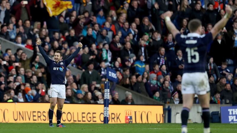 Greig Laidlaw and Stuart Hogg celebrate Scotland’s opening weekend victory over Ireland in 2017. Photograph: Dan Sheridan/Inpho