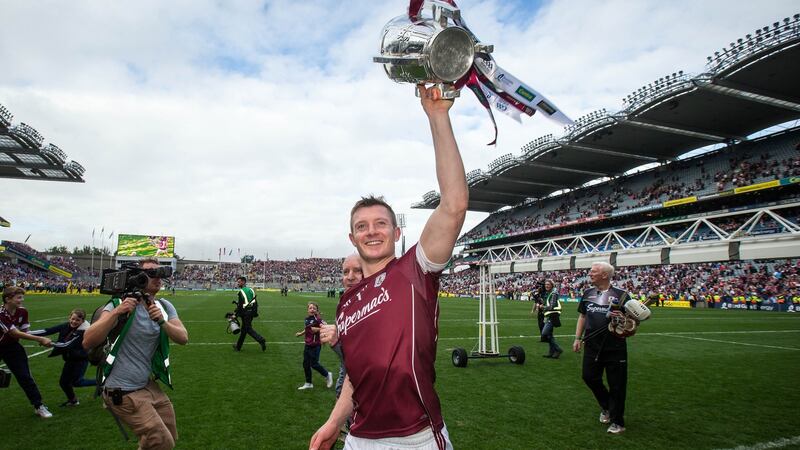 Joe Canning celebrates with the Liam MacCarthy cup. Photograph: Cathal Noonan/Inpho