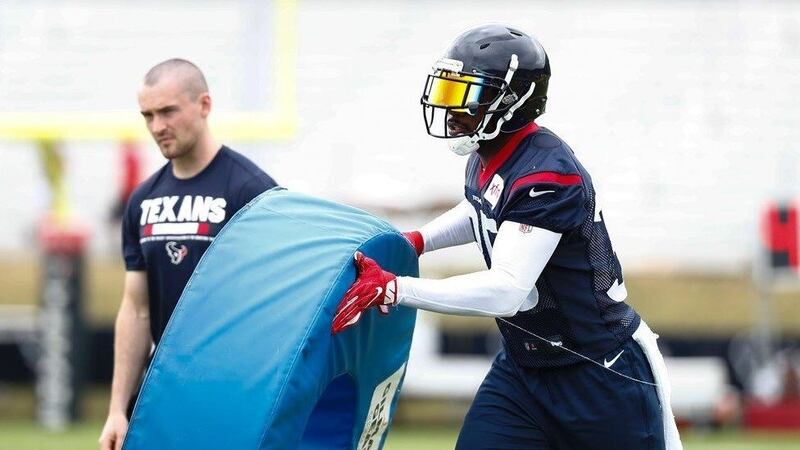 Ian Jones and safety Eddie Pleasant at the Houston Texans training camp in West Virginia during August.