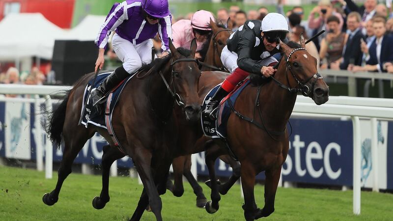 Frankie Dettori and Anapurna take the Oaks ahead of Pink Dogwood and Ryan Moore. Photograph: Andrew Redington/Getty