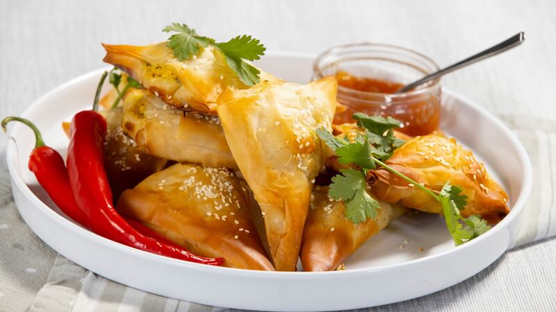Coronation chicken samosas. Photograph: Patrick Browne