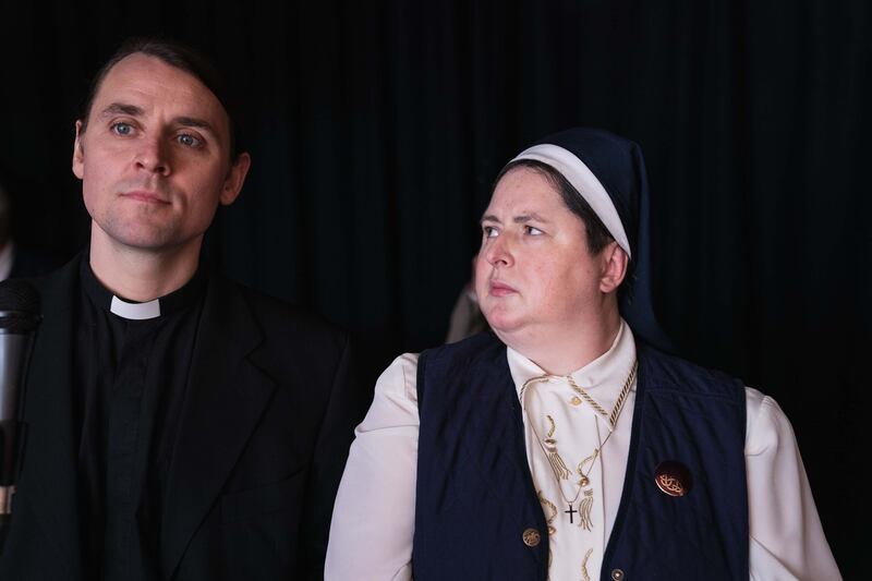 Father Peter (Peter Campion), Sister Michael (Siobhán McSweeney) in Derry Girls. Photograph: Channel 4