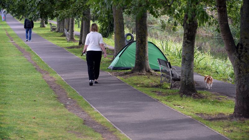 A tent pitched along the Grand Canal on Wilton Terrace beside Leeson Street Bridge in Dublin. Photograph: Dara Mac Dónaill