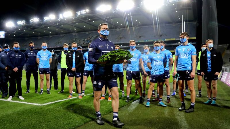 Dublin captain  Stephen Cluxton lays a wreath in memory of Bloody Sunday at Croke Park. Photograph: Ryan Byrne/Inpho