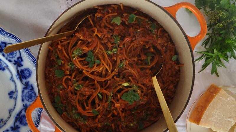 Spaghetti Bolognese:  Cooking the pasta in the sauce makes it soften up more and soaks up the rich tomato sauce