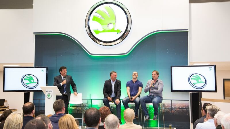 Des Cahill with John Aldridge, Kenny Cunningham and Tony Cascarino at the official launch of Skoda dealer Pilsen Auto’s new premises at the M50 Business Park in Dublin’s Ballymount