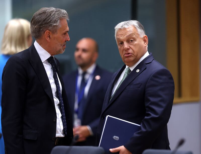 Dutch prime minister Dick Schoof (L) and Hungarian prime minister Viktor Orban at the start of the EU leaders' Summit in Brussels on Thursday. Photograph: Olivier Hoslet/EPA