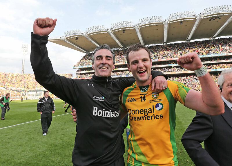 Donegal manager Jim McGuinness celebrates with Michael Murphy after the 2012 All-Ireland SFC final against Mayo. Photograph: Morgan Treacy
