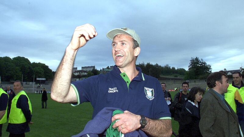 John Maughan celebrates Fermanagh’s Ulster Championship replay win over Donegal in 2001. Photograph: Andrew Paton/Inpho
