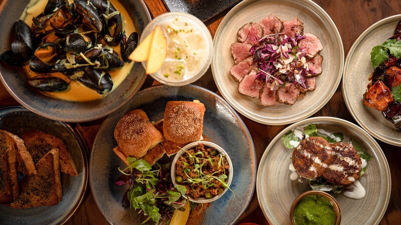 A selection of starters including: mussels moilee in a Keralan ginger turmeric coconut broth served with seaweed soda bread; kheema pav; Keralan veal onglet; lamb galouti and Tangra chilli chicken.