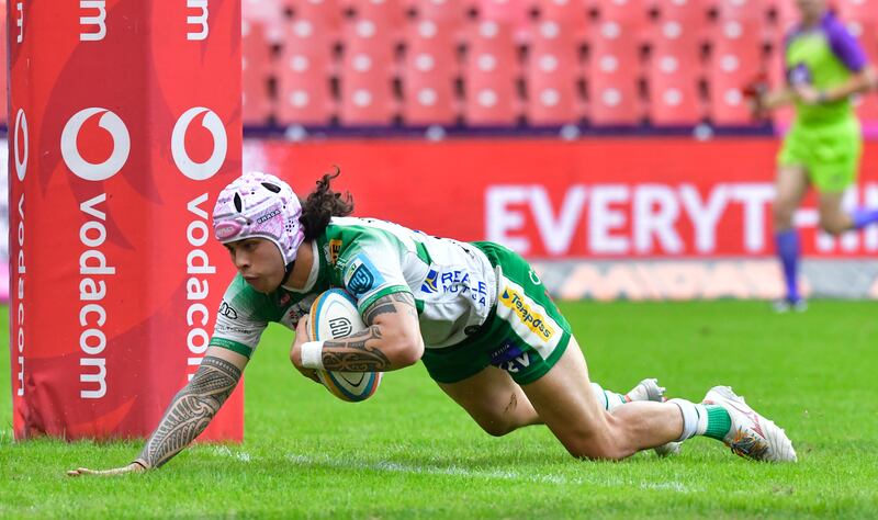 Jacob Umaga of Benetton breaks through for a try under the posts during the URC match between Emirates Lions and Benetton Rugby in Johannesburg on April 19th. Photograph: Sydney Seshibedi/Gallo Images/Getty Images