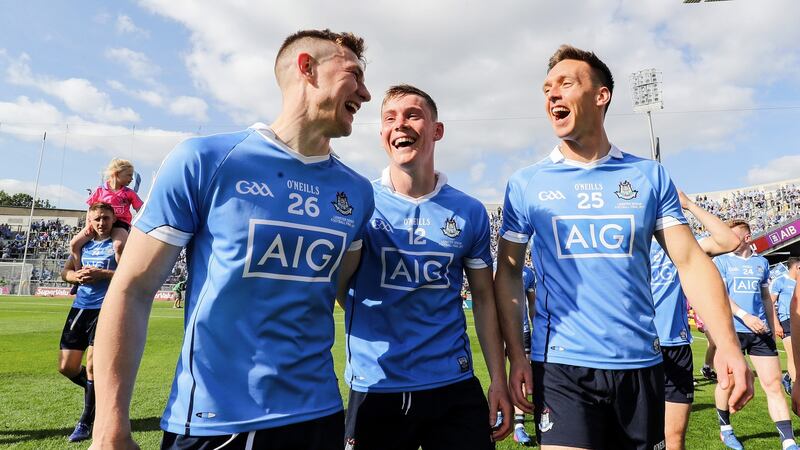 Dublin’s John Small, Con O’Callaghan and Mark Schutte share a laugh after the Leinster final victory over Kildare at Croke Park. Photograph: Oisín Keniry/Inpho