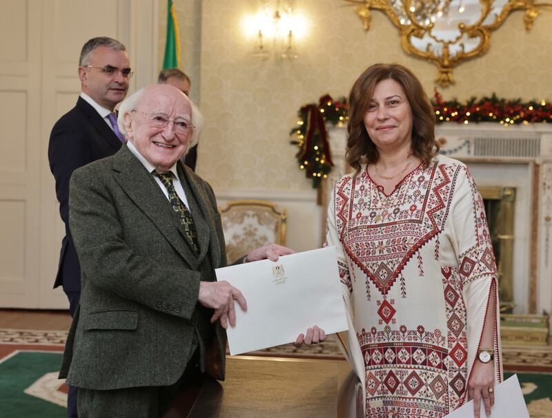 President Michael D Higgins with Dr Jilan Wahba Abdalmajid, the first full ambassador from the State of Palestine. Photograph: Tony Maxwell/PA Wire