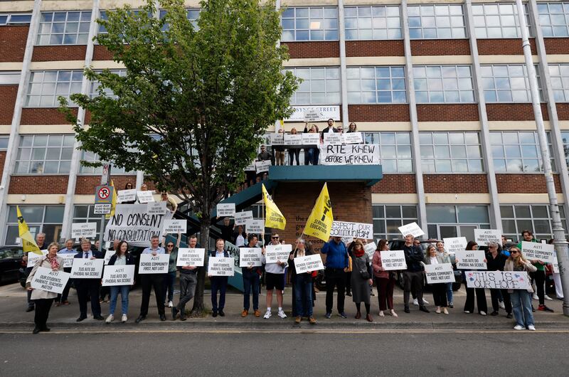 ASTI members at a lunchtime protest outside the school. Photograph: Nick Bradshaw
