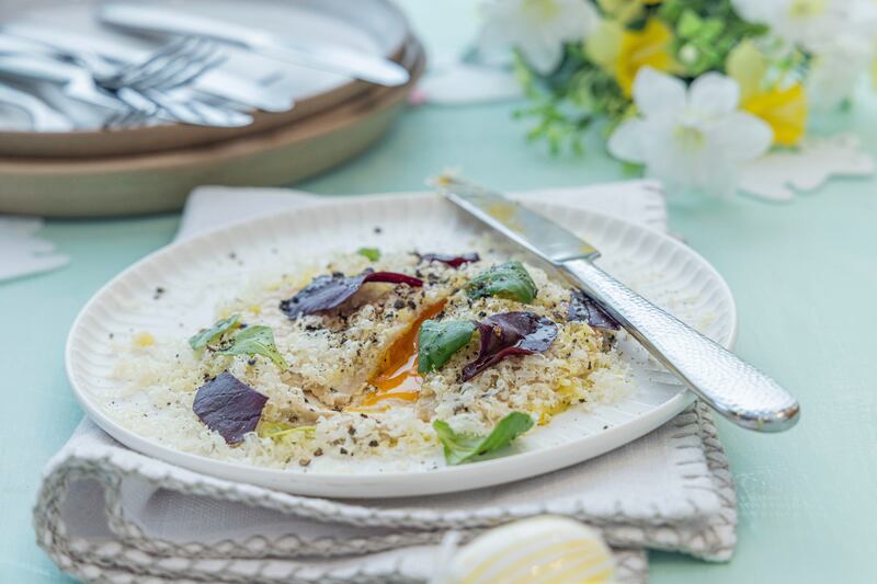 Egg yolk ravioli, caramelised onion sauce. Photograph: Harry Weir Photography