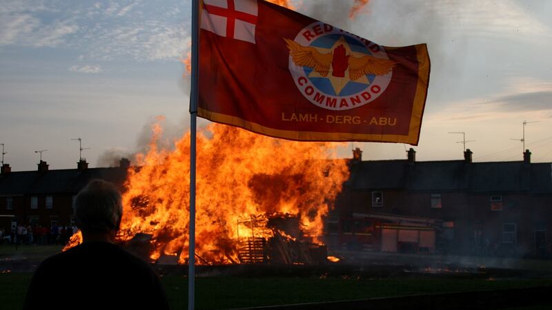 A loyalist paramilitary flag at a July 11th bonfire in Banbridge, Co Down