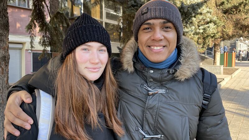 Liza Grigorenko and Felix Yevichev, who work in IT in Kharkiv, 35km from the Russian border, have no intention of leaving. Photograph: Daniel McLaughlin