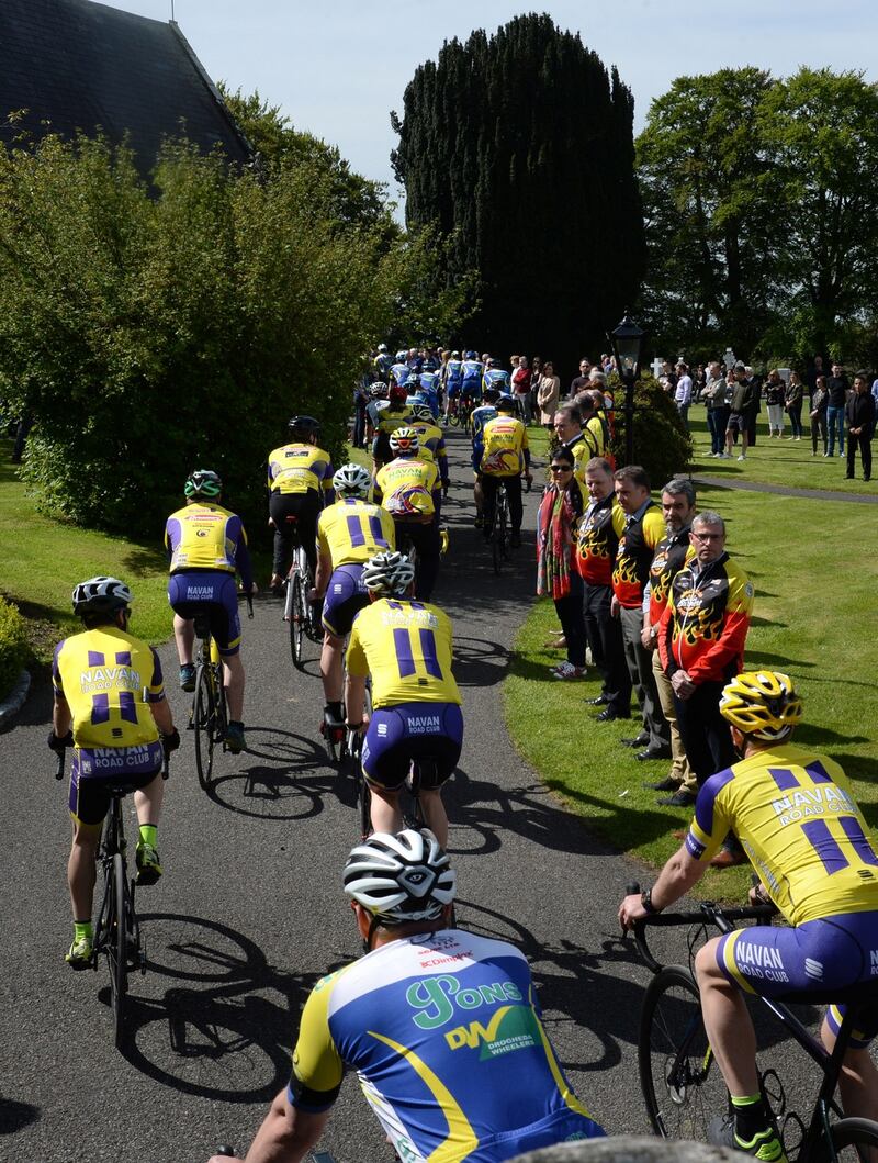 A guard of honour was formed by members of Drogheda Wheelers, Navan Road Club and two cycling clubs in Ashbourne, at the funeral of Seán Lynch, at The Church of the Immaculate Conception, Rathfeigh, Co Meath. Photograph: Dara Mac Dónaill