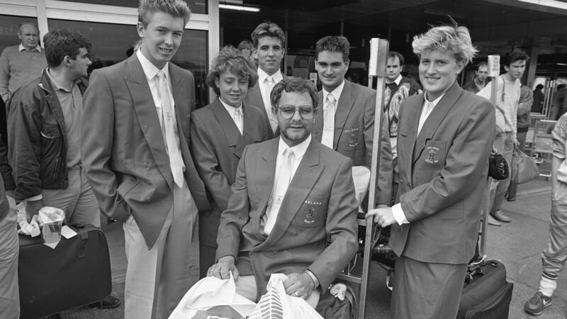 George Gibney (centre, sitting) with the Irish Olympic swimming team returning from the 1988 Seoul Olympics, (from left) Stephen Cullen, Michelle Smith, Gary O’Toole, Richard Gheel and Aileen Convery. Photo: Getty Images