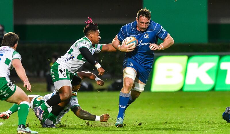 Leinster’s Jack Conan makes a break during the game against Benetton. Photograph: Luca Sighinolfi/Inpho