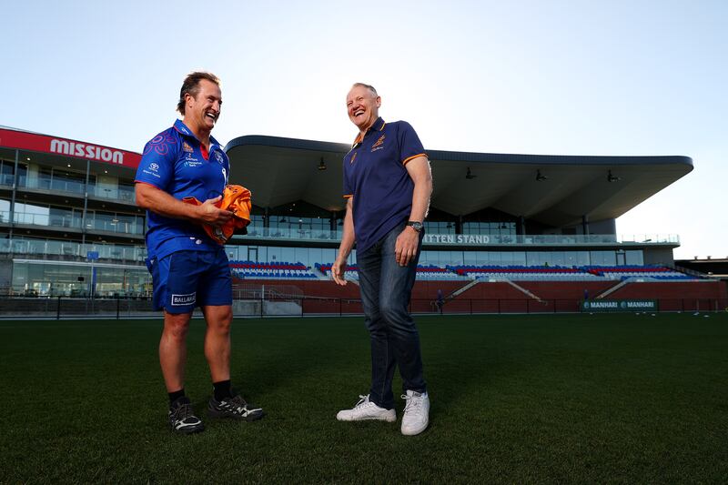 Western Bulldogs head coach Luke Beveridge and Wallabies head coach Joe Schmidt at Whitten Oval stadium in Melbourne on Tuesday. Photograph: Morgan Hancock/Getty Images