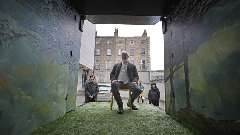 King Lear in a Van: Matthew Malone as Kent (also  Gloucester, Goneril and Regan), Arthur Riordan as King Lear (also  Edmund) and Karen McCartney as Cordelia (also The Fool, Regan and Edgar). Photograph: Nick Bradshaw