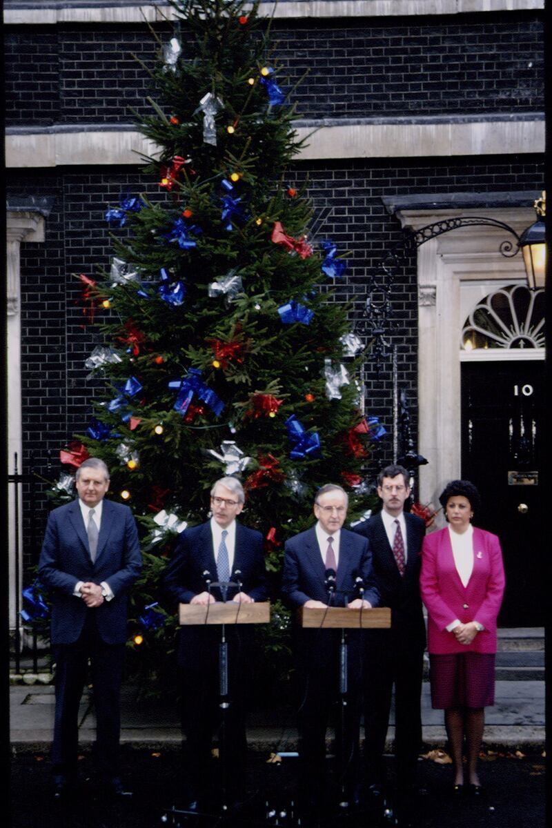 From left are Patrick Mayhew, John Major, Albert Reynolds, Dick Spring and Maire Geoghegan-Quinn outside No 10 Downing Street, London,  in December 1993 on the occasion of the Downing Street Declaration. Photograph: Mathieu Polak/Sygma/Getty