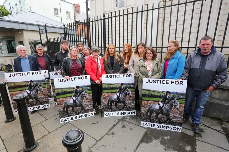 Family and friends of Katie Simpson outside Derry Courthouse following the sentencing of Rose de Montgomery-Wright, Jill Robinson and Hayley Robb for helping Jonathan Creswell cover his tracks and deflect blame in her murder. Photograph: Lorcan Doherty/Presseye