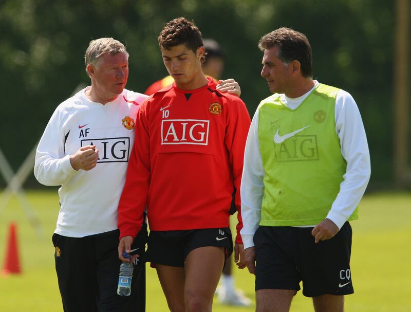 Alex Ferguson and assistant Carlos Queiroz talk to Cristiano Ronaldo during training for the 2008 Champions League Final. Photograph: Alex Livesey/Getty