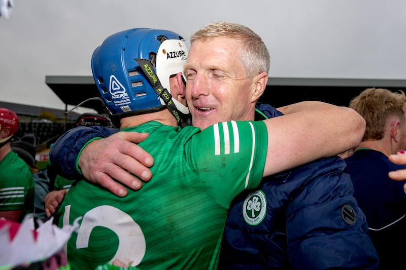 Henry Shefflin, Ballyhale Shamrocks' manager, celebrates with TJ Reid after victory over O'Loughlin Gaels in the Kilkenny county final last month. Photograph: James Lawlor/Inpho