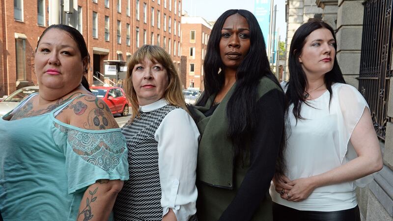 Bridget Perrier, Fiona Broadfoot, Ne’cole Daniels and Rachel Moran, who gave testimonies about having survived prostitution, at the launch of the Turn Off The Red Light campaign at Leinster House  on Wednesday. Photograph: Eric Luke