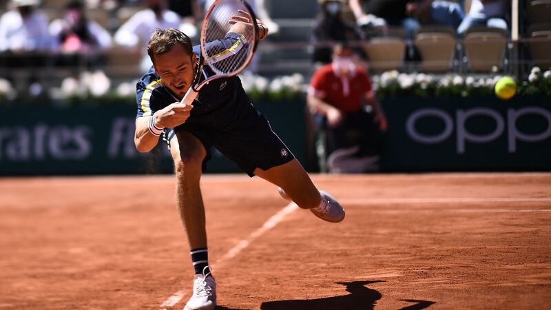 Russia’s Daniil Medvedev returns the ball to Kazakhstan’s Alexander Bublik during their men’s singles first-round match at the French Open at  Roland Garros. Photograph: Anne-Christine Poujoulat/AFP via Getty Images
