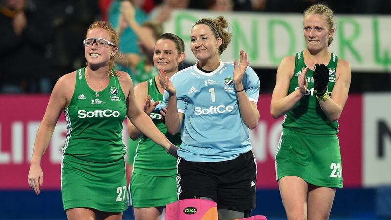 Grace O’Flanagan (centre) and here team-mates applaud the Irish fans  after the England game. Photograph: Joe Toth/Inpho