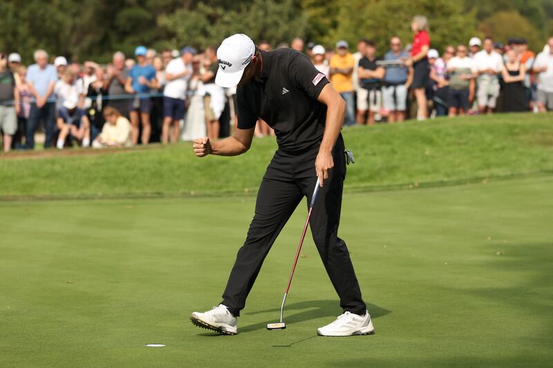 Rasmus Hojgaard celebrates on the 18th green following his final round in the British Masters and subsequent qualification for the European Ryder Cup team. Photograph: Luke Walker/Getty Images