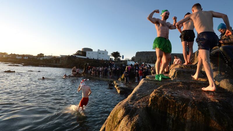 Enjoying a Christmas swim at the forty foot, Sandycove, Co Dublin on Christmas morning. Photograph: Dara Mac Dónaill / The Irish Times