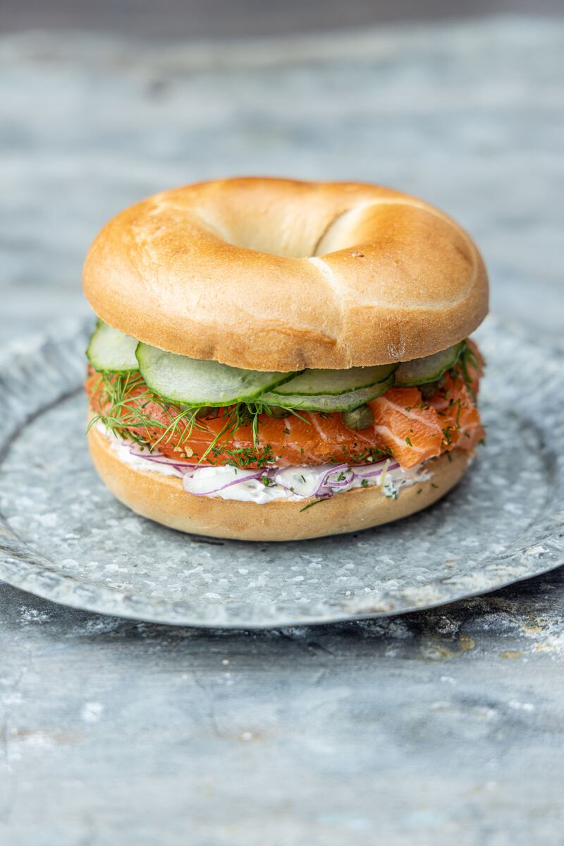 Mark Moriarty's New York style cured salmon in a bagel with cucumber pickle and cream cheese